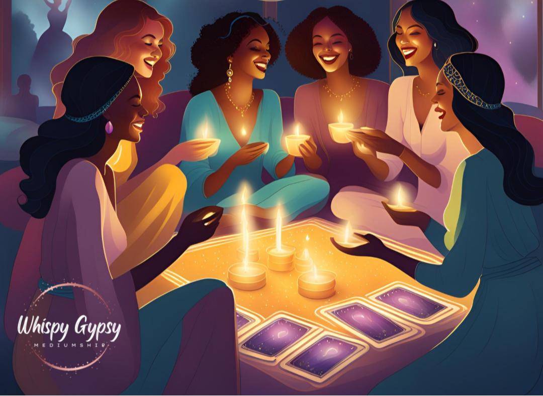 Illustration of women gathered around a table with tarot cards and candles.